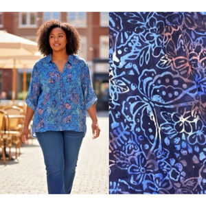 Serengeti Top Blue Floral Tattoo Butterfly Print Button Up Size 4X Boho Peasant